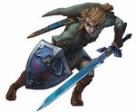  absurdres blonde_hair blue_eyes boots bracer earrings fighting_stance fingerless_gloves hat link male master_sword official_art pointy_ears portrait shield solo sword the_legend_of_zelda triforce twilight_princess 