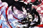  armor auer bad_id bad_pixiv_id belt black_hair black_rock_shooter boots chain gauntlets glowing glowing_eyes greaves highres huge_weapon insane_black_rock_shooter long_hair loose_belt midriff navel pale_skin purple_eyes scar shorts solo stitches thigh_boots thighhighs torn_clothes twintails weapon 