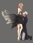  1girl arm_guards axis_powers_hetalia bare_legs bare_shoulders barefoot belt black_coat black_footwear black_skirt black_wings boots breasts brown_hair butterfly_wings closed_mouth clothes_grab coat couple flower from_side frown full_body grey_background grey_hair grey_pants hair_flower hair_ornament hair_over_breasts half-closed_eyes hands_on_another's_face hetero hungary_(hetalia) knee_boots large_breasts legs long_hair long_sleeves looking_at_another looking_down looking_up low_wings malta_(tamamushi) miniskirt pants pleated_skirt profile prussia_(hetalia) sad simple_background skirt standing strapless white_hair wings yellow_flower 