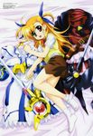  absurdres ahoge bardiche bed bed_sheet blonde_hair green_eyes hashimoto_takayoshi heterochromia highres long_hair lyrical_nanoha mahou_shoujo_lyrical_nanoha mahou_shoujo_lyrical_nanoha_strikers mahou_shoujo_lyrical_nanoha_the_movie_1st mahou_shoujo_lyrical_nanoha_vivid megami non-web_source official_art open_mouth raising_heart red_eyes sacred_heart socks solo vivio 