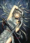  absurdres armpits bare_shoulders china_dress chinese_clothes copyright_request cross-laced_clothes dress gloves highres katana long_hair lying on_back realistic side_slit silver_eyes silver_hair solo sword weapon yuki_hayabusa 