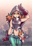  armor bad_id bad_pixiv_id brown_hair copyright_request doll gauntlets green_eyes helmet kkuem midriff red_hair solo suspenders twintails 