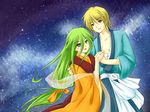  1girl blonde_hair chinese_clothes cosplay couple green_eyes green_hair hetero highres hikoboshi johan long_hair orange_eyes orihime pheles piku shakugan_no_shana short_hair space tanabata 