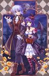  alcohol bad_id bad_pixiv_id bare_shoulders bat_wings blue_eyes braid checkerboard_cookie cookie cross food glass gloves graveyard halloween hat highres izayoi_sakuya jack-o'-lantern mini_hat mini_top_hat moon multiple_girls pico_(picollector79) pumpkin purple_hair red_eyes remilia_scarlet short_hair silver_hair socks striped striped_legwear top_hat touhou tree wine wings 