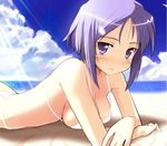  beach bikini breasts cloud copyright_request crossed_arms day expressionless light_rays looking_at_viewer lying medium_breasts on_stomach outdoors purple_eyes purple_hair short_hair sikorsky sky solo swimsuit thong_bikini white_bikini 
