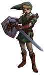  absurdres belt belt_pouch blonde_hair blue_eyes bracer earrings fingerless_gloves hat link male nintendo official_art pointy_ears portrait shield solo sword the_legend_of_zelda twilight_princess weapon 