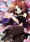  :d blush boots brown_hair brown_legwear cherry_blossoms collar cupping_hands green_eyes highres knee_boots looking_at_viewer midriff open_mouth pantyhose petals sakura_tale short_hair smile solo wakaba_rinko youta 
