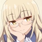  1girl beige_background blonde_hair close-up eyebrows_visible_through_hair glasses hand_on_own_cheek long_hair perrine_h_clostermann simple_background smile solo strike_witches tom-neko_(zamudo_akiyuki) world_witches_series yellow_eyes 