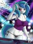  2016 absurd_res anthro anthrofied blue_hair camel_toe clothed clothing cutie_mark dj english_text equine female friendship_is_magic fur hair headphones hi_res horn looking_at_viewer mammal multicolored_hair my_little_pony smile solo text two_tone_hair underwear unicorn vinyl_scratch_(mlp) white_fur ziemniax 