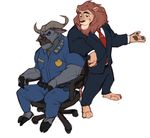  anthro barefoot big_muscles black_nose bovine brown_fur buffalo chief_bogo clothed clothing disney duo feline fur grey_fur horn leodore_lionheart lion male male/male mammal muscular muscular_male necktie police rollingstoneeeeee simple_background sitting suit white_background zootopia 