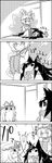  1girl 4koma animal_ears bound brooch closed_eyes comic commentary fox_tail greyscale hands_in_opposite_sleeves hat hat_ribbon high_five highres imaizumi_kagerou jewelry long_sleeves mob_cap monochrome multiple_tails open_mouth pillow_hat pole ribbon short_hair smile tail tani_takeshi tassel tied_up touhou translated wide_sleeves wolf_ears wolf_tail yakumo_ran yakumo_yukari yukkuri_shiteitte_ne 
