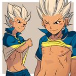  1boy blush male_focus muscle nikism nipples silver_hair solo tagme undressing 