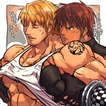  2boys abs bara blush hand_under_clothes male_focus multiple_boys muscle nikism nipples pecs tagme tattoo undressing yaoi 