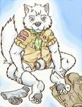  abstract_background anthro arctic_fox boy_scouts bulge canine clothed clothing cub digital_media_(artwork) fox fur hi_res lavilovi looking_at_viewer male mammal scout_uniform simple_background smile underwear uniform white_fur young 