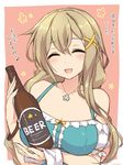  1girl alcohol beer bottle breasts eyes_closed iida_chiyoko large_breasts long_hair necklace open_mouth ring_dream smile translation_request 