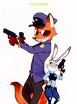  canine chow_(artist) clothing digital_media_(artwork) dipstick_tail disney dual_wielding duo eyewear female fox fur gun handgun hat hi_res holding_object holding_weapon judy_hopps lagomorph long_ears looking_back male mammal multicolored_tail nick_wilde pistol police_uniform rabbit ranged_weapon simple_background size_difference smile standing sunglasses uniform weapon white_background zootopia 