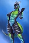  2016 anthro athletic black_scales blue_background blue_scales claws digital_media_(artwork) dragon featureless_crotch gradient_background green_scales hand_on_hip hi_res horn looking_at_viewer male multicolored_scales nude red_eyes scales scalie simple_background smile solo spikes white_claws white_horn white_scales zerolativity 