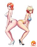  2girls ass ass-to-ass bikini blue_eyes breasts cleavage crossover high_heels looking_at_viewer multiple_girls nora_valkyrie orange_hair pascal reit rwby short_hair simple_background smile tales_of_(series) tales_of_graces white_background yellow_eyes 