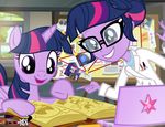  2016 book computer duo equestria_girls equine eyewear female friendship_is_magic glasses harley_quinn horn human lab_coat laptop mammal my_little_pony pixelkitties raven_(teen_titans) teen_titans twilight_sparkle_(eg) twilight_sparkle_(mlp) winged_unicorn wings 