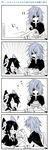  annoyed cake comic cup eating expressive_clothes eyepatch feeding food fruit greyscale hair_over_one_eye headgear highres kaga3chi kantai_collection kiso_(kantai_collection) monochrome multiple_girls sitting strawberry teacup tenryuu_(kantai_collection) translated 