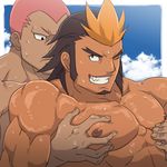  2boys abs bara inazuma_eleven_(series) male_focus multicolored_hair multiple_boys muscle nikism outdoors pecs tagme topless yaoi 