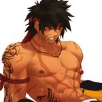  abs bara black_hair dungeon_&amp;_fighter dungeon_and_fighter male_fighter_(dungeon_and_fighter) male_focus muscle nikism nipples pecs scar solo tattoo topless wince 