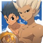  2boys abs blush inazuma_eleven_(series) looking_at_viewer male_focus multiple_boys muscle nikism pecs sweat tagme topless 