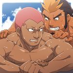  2boys abs bara inazuma_eleven_(series) male_focus multicolored_hair multiple_boys muscle nikism outdoors pecs tagme topless 