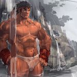  1boy abs bara black_hair male_focus muscle nikism outdoors pecs penis ryuu_(street_fighter) solo street_fighter tagme topless underwear water 