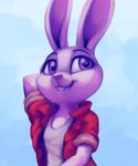  2016 anthro blue_background buckteeth clothing disney female feral fur grey_fur hand_behind_head hi_res judy_hopps lagomorph long_ears looking_at_viewer mammal purple_eyes rabbit simple_background smile solo teeth verulence zootopia 