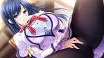  black_legwear blue_eyes blue_hair blush braid breasts censored chair dutch_angle game_cg hair_ornament highres large_breasts long_hair makise_satsuki masturbation mosaic_censoring open_mouth otome_ga_irodoru_koi_no_essence pantyhose school_uniform sitting skirt solo zinno 