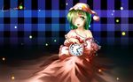  bed_sheet black_background blue_background bow capelet clock frilled_capelet frilled_pillow frills green_eyes green_hair hair_over_one_eye hat kazami_yuuka kazami_yuuka_(pc-98) light_particles long_hair long_sleeves night_clothes nightcap nightgown off_shoulder pillow plaid plaid_background roman_numerals signature sitting solo star star_print touhou touhou_(pc-98) wallpaper welt_(kinsei_koutenkyoku) 