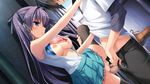  1girl bare_shoulders black_hair black_legwear blue_eyes breasts brother_and_sister censored dutch_angle frilled_panties frills game_cg hair_ribbon head_out_of_frame hetero highres incest kanekiyo_miwa leg_lift long_hair looking_down mamiya-kunchi_no_itsutsugo_jijou mamiya_moeri medium_breasts mosaic_censoring mouth_hold nipples no_bra open_clothes open_shirt outdoors panties panties_in_mouth penis pink_panties pleated_skirt purple_hair ribbon school sex shirt shirt_lift siblings skirt solo_focus thighhighs twins underwear vaginal 