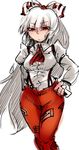  bad_id bad_twitter_id fujiwara_no_mokou hair_ribbon hand_on_hip hosoi_kouzou long_hair red_eyes ribbon simple_background solo suspenders touhou white_background white_hair 