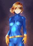  arms_at_sides belt blonde_hair bodysuit breasts buckle closed_mouth collarbone covered_navel covered_nipples cyclops_(x-men) expressionless genderswap genderswap_(mtf) gloves goggles legs_apart lips marvel medium_breasts midriff red_background short_hair simple_background skin_tight solo ueyama_michirou x-men yellow_gloves 