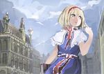  alice_margatroid blonde_hair blue_dress blue_eyes building capelet cloud cloudy_sky day dress grimoire_of_alice hairband ichiba_youichi location_request lolita_hairband puppet_rings puppet_strings sash sky solo touhou white_capelet 