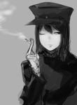  absurdres akitsu_maru_(kantai_collection) bangs cigarette commentary_request faux_traditional_media gloves greyscale hair_between_eyes hat highres hometa kantai_collection looking_to_the_side military military_hat military_uniform monochrome one_eye_closed peaked_cap smoke solo uniform 