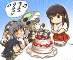  =_= =d akagi_(kantai_collection) beamed_sixteenth_notes black_hair blush cake cannon chibi commentary eighth_note food fruit grey_hair hair_ribbon haruna_(kantai_collection) hat headgear hisahiko japanese_clothes kantai_collection katsuragi_(kantai_collection) miko multiple_girls musical_note orange_eyes plate ribbon shinkaisei-kan sparkle speech_bubble spoken_musical_note star star-shaped_pupils strawberry symbol-shaped_pupils tentacles translated white_ribbon wide_sleeves wo-class_aircraft_carrier younger |_| 