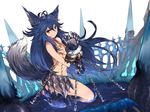 animal_ears antenna_hair bad_id bad_pixiv_id blue_hair blurry bound bound_wrists chain closed_mouth depth_of_field dutch_angle fang fenrir_(shingeki_no_bahamut) from_side frown full_body granblue_fantasy hair_between_eyes highres jewelry kneeling liquid lock long_hair looking_at_viewer navel necklace padlock paws red_eyes restrained shingeki_no_bahamut solo spikes tail touzai_(poppin_phl95) very_long_hair wolf_ears wolf_tail 