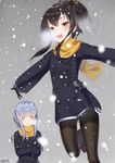  :3 :d alternate_costume anchor_symbol bangs black_gloves black_hair black_legwear blue_hair blush breath brown_eyes buttons coat crossed_arms eyebrows eyebrows_visible_through_hair gloves gradient_hair grey_background grey_hair hair_between_eyes hair_ornament hairband hat hatsukaze_(kantai_collection) headgear kantai_collection leg_up long_hair long_sleeves multicolored_hair multiple_girls open_mouth orange_scarf outstretched_arms outstretched_hand pantyhose scarf short_hair short_hair_with_long_locks sidelocks smile snow snowing solid_oval_eyes steam tokitsukaze_(kantai_collection) trembling twitter_username two-tone_hair wavy_mouth wide_oval_eyes winter winter_clothes yellow_scarf you06 