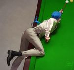  2016 aiming alternate_costume ass ball bifanghuanshi billiards black_footwear black_legwear blue_hair cross-laced_footwear cue_ball cue_stick dated earrings fate/stay_night fate_(series) formal from_above from_behind grey_pants highres holding jewelry lancer long_hair long_sleeves lying male_focus pants ponytail shirt shoes signature socks solo vest white_shirt 