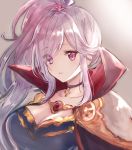  1girl ajipontarou breasts choker cleavage closed_mouth eyes_visible_through_hair fire_emblem fire_emblem:_seisen_no_keifu fire_emblem_heroes ishtar_(fire_emblem) large_breasts nintendo ponytail purple_eyes shoulder_armor silver_hair simple_background solo upper_body 
