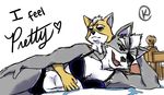  anthro bed canine clothed clothing crossdressing duo fox fox_mccloud humor male male/male mammal myuutsufan nintendo simple_background star_fox video_games white_background wolf wolf_o&#039;donnell 