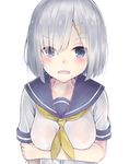  blue_eyes breast_rest breasts eyes_visible_through_hair hair_ornament hair_over_one_eye hairclip hamakaze_(kantai_collection) kantai_collection large_breasts looking_at_viewer neckerchief neku_(neku_draw) no_gloves open_mouth school_uniform serafuku short_hair short_sleeves silver_hair solo sweatdrop upper_body white_background yellow_neckwear 