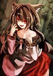  :d animal_ears bamboo bamboo_forest bare_shoulders brooch brown_hair cowboy_shot fami_(yellow_skies) forest highres imaizumi_kagerou jewelry long_hair long_sleeves looking_at_viewer monster_girl nature open_mouth red_eyes smile solo touhou wolf_ears 