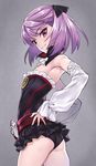  armpits ass commentary_request detached_sleeves fate/grand_order fate_(series) flat_chest from_side hands_on_hips helena_blavatsky_(fate/grand_order) highres light_smile matsuryuu purple_eyes purple_hair short_hair skirt solo tree_of_life white_sleeves 