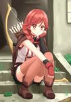  arrow bangs bow_(weapon) braid bush closed_mouth eyebrows eyebrows_visible_through_hair fingerless_gloves full_body gloves grass hai_to_gensou_no_grimgar hair_between_eyes hair_over_shoulder highres kurisu-kun long_hair long_legs looking_at_viewer plant quiver red_eyes red_gloves red_hair rock shorts single_braid sitting sleeveless smile solo stairs thighhighs wall weapon yume_(grimgar) 