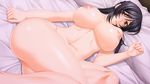 1girl aikawa_arisa areolae ass bed black_hair blush breasts brown_eyes character_request collarbone embarrassed game_cg hands_on_own_chest highres huge_breasts indoors large_breasts legs long_hair looking_at_viewer lying mesu_ochi_kyonyuu_zuma_wa_ore_no_mono navel nipples nude on_back on_bed pillow ring solo takasugi_kou thighs wedding_ring 