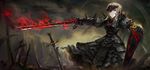  armor armored_dress artoria_pendragon_(all) black_armor blonde_hair cloud dark_excalibur fate/stay_night fate_(series) field_of_blades highres hong planted_weapon saber_alter solo weapon yellow_eyes 