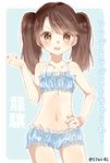  asymmetrical_bangs bangs bare_arms blue_background blush brown_hair character_name cinderella_bust clenched_hand collarbone cowboy_shot eyebrows_visible_through_hair fang flat_chest frills kantai_collection looking_at_viewer navel open_mouth ryuujou_(kantai_collection) shijima_(sjmr02) simple_background solo standing stomach translated twintails twitter_username underwear underwear_only 